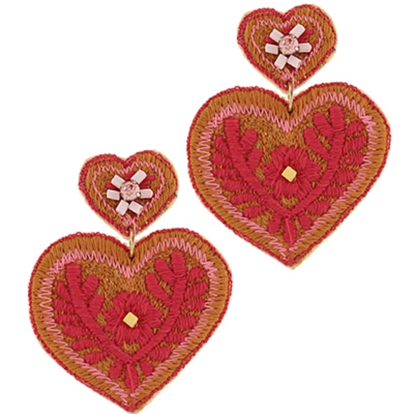 Embroidered Heart Drop Earrings - Picture 2 of 3